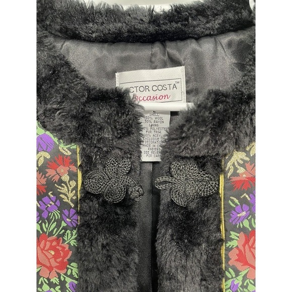 Victor Costa Occasion Black Vest Size Large Wool Faux Fur Soutache Trim Floral - Picture 10 of 11